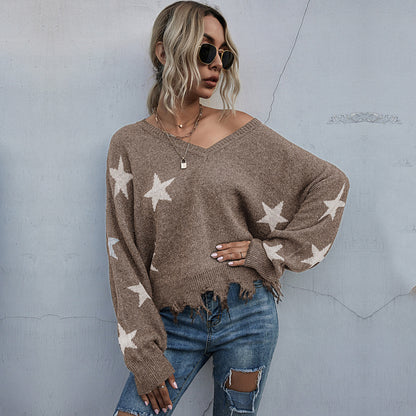 Women's Star Pattern V-Neck Fringe Women's Knit Sweater