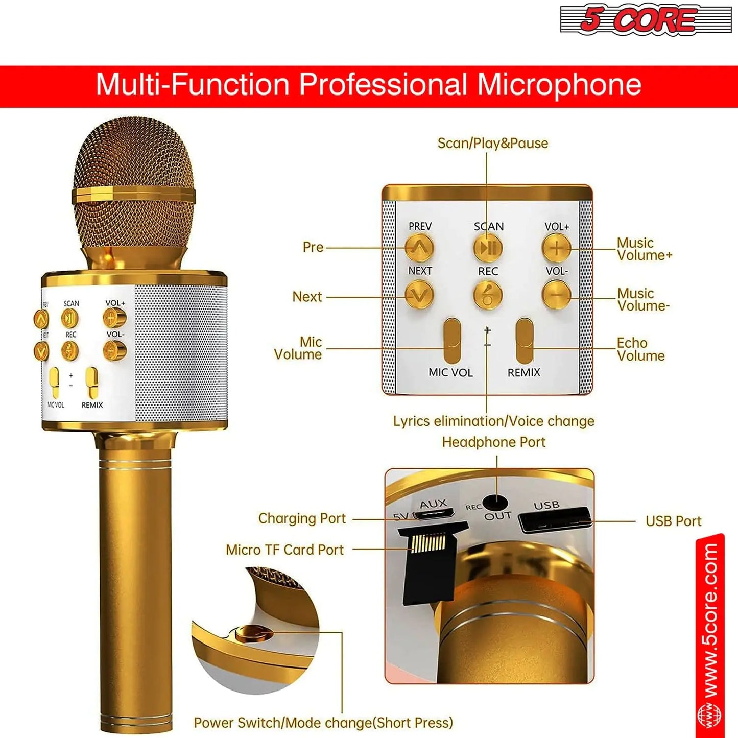 5Core Wireless Karaoke Microphone Bluetooth Mic Portable Handheld Microfonos Inalambricos