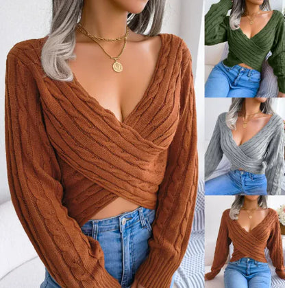 Cross V-neck Twist Long Sleeves Cropped Sweaters