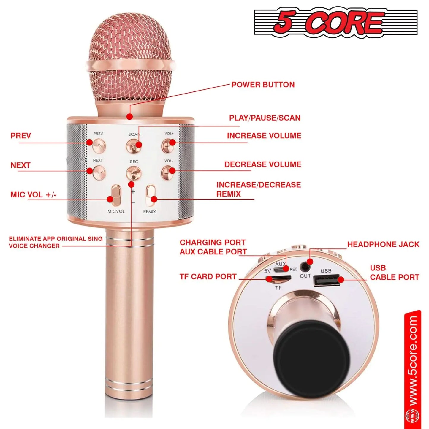 5Core Wireless Karaoke Microphone Bluetooth Mic Portable Handheld Microfonos Inalambricos