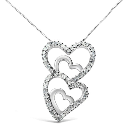 NECKLACE-.925 Sterling Silver 3/8 Cttw Round Diamond Double Heart-in-Heart Pendant 18" Necklace (I-J Color, I3 Clarity)