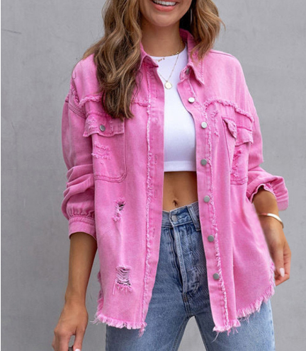 Women's ripped edge denim jacket autumn and winter long sleeve casual lapel top