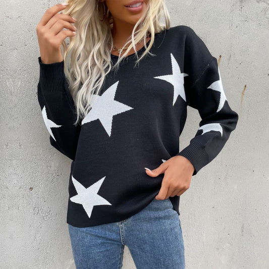 women's pentagram round neck long sleeve bottoming knitted sweater