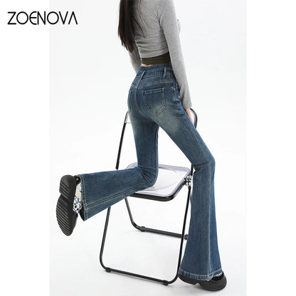 ZOENOVA Flare Jeans Women Skinny High Waist Y2k Denim Trousers Washed Retro Mopping Pants 2023 Autumn Korean Fashion Streetwear