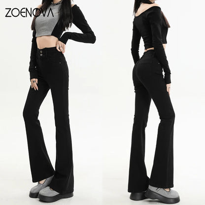 ZOENOVA Flare Jeans Women Skinny High Waist Y2k Denim Trousers Washed Retro Mopping Pants 2023 Autumn Korean Fashion Streetwear