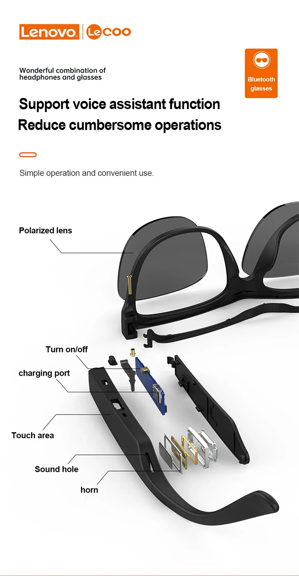 Original Lenovo Lecoo C8 Smart Glasses Earphone Wireless Bluetooth Sunglasses Outdoor Sport Headset HiFi Stereo Music Headphones