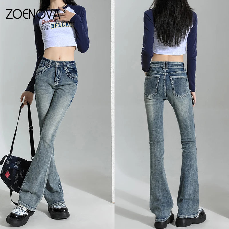 ZOENOVA Flare Jeans Women Skinny High Waist Y2k Denim Trousers Washed Retro Mopping Pants 2023 Autumn Korean Fashion Streetwear