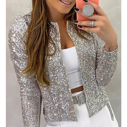 New European and American women's fashion stand collar color matching sequined jacket short style casual