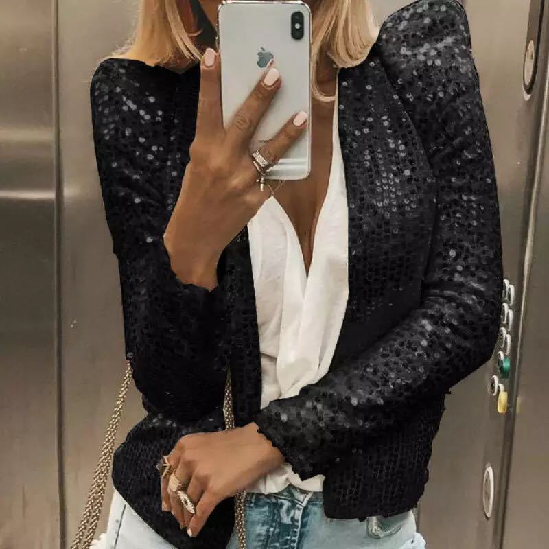 New European and American women's fashion stand collar color matching sequined jacket short style casual