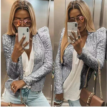 New European and American women's fashion stand collar color matching sequined jacket short style casual