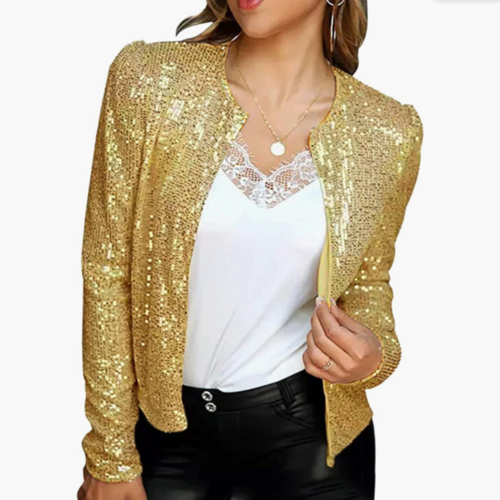 New European and American women's fashion stand collar color matching sequined jacket short style casual