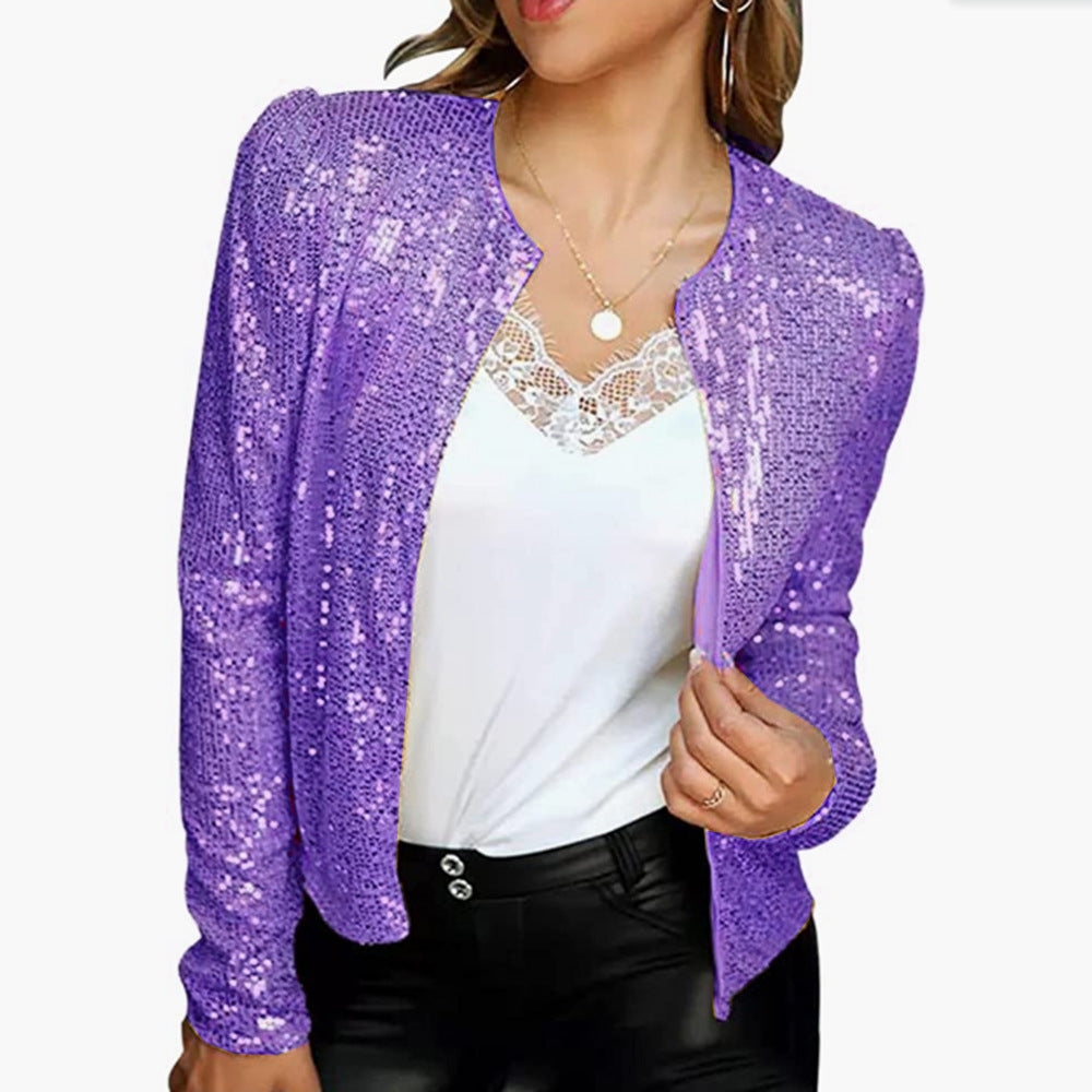 New European and American women's fashion stand collar color matching sequined jacket short style casual