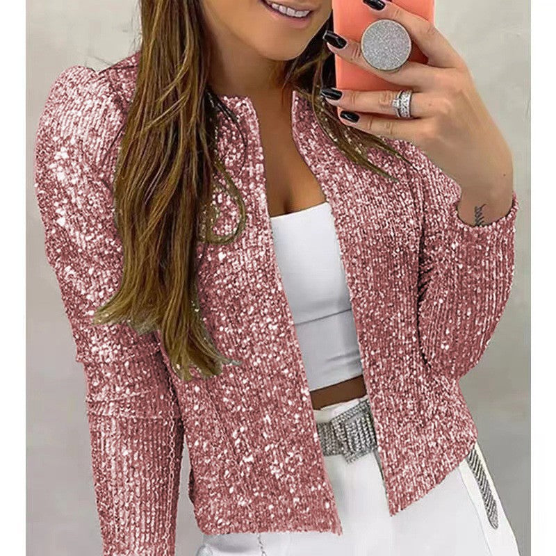 New European and American women's fashion stand collar color matching sequined jacket short style casual