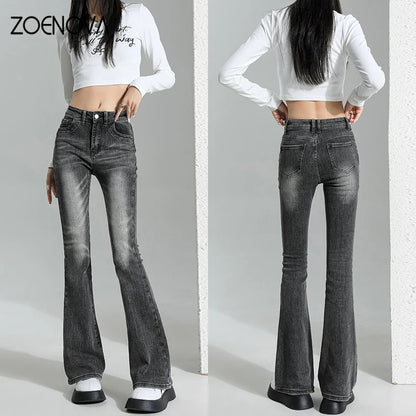 ZOENOVA Flare Jeans Women Skinny High Waist Y2k Denim Trousers Washed Retro Mopping Pants 2023 Autumn Korean Fashion Streetwear