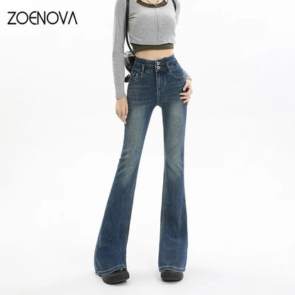 ZOENOVA Flare Jeans Women Skinny High Waist Y2k Denim Trousers Washed Retro Mopping Pants 2023 Autumn Korean Fashion Streetwear