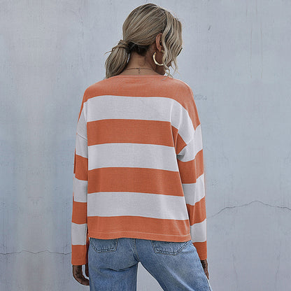 women's loose round neck long sleeve knitted striped sweater