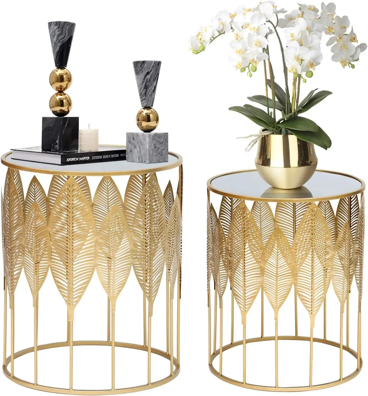 End Tables Set of 2, Gold Nesting Side Coffee Table Decorative round Nightstands (Stainless Steel Top), Suitable for Living Room