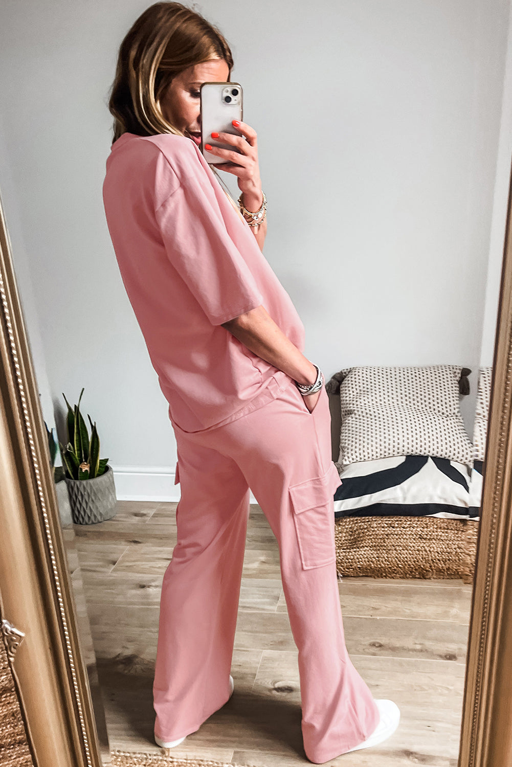 Women's Apricot Pink Half Sleeve T-Shirt & Cargo Sweatpants Set