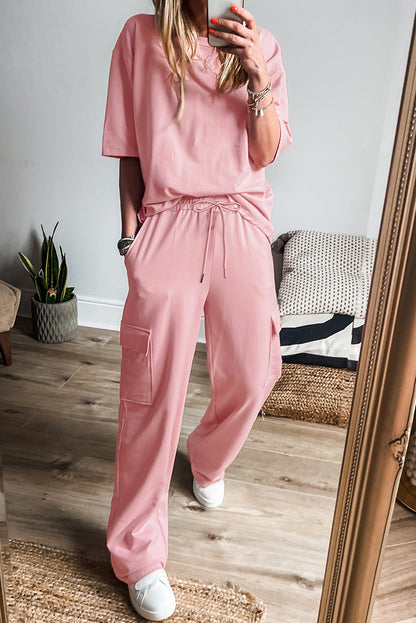 Women's Apricot Pink Half Sleeve T-Shirt & Cargo Sweatpants Set