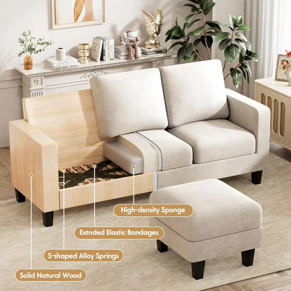 Convertible Sectional Sofa Couch, 3 Seat L-Shaped Sofa with Linen Fabric, Movable Ottoman Small Couch for Small Apartments