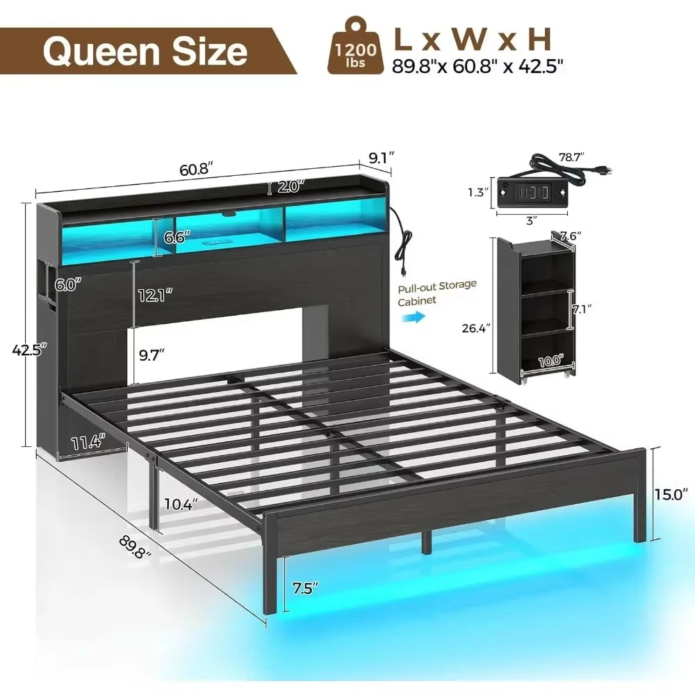 Bed Frame with Bookcase Storage Headboard, Slide Out Bedside Storage, Bed with Charging Station & LED Lights