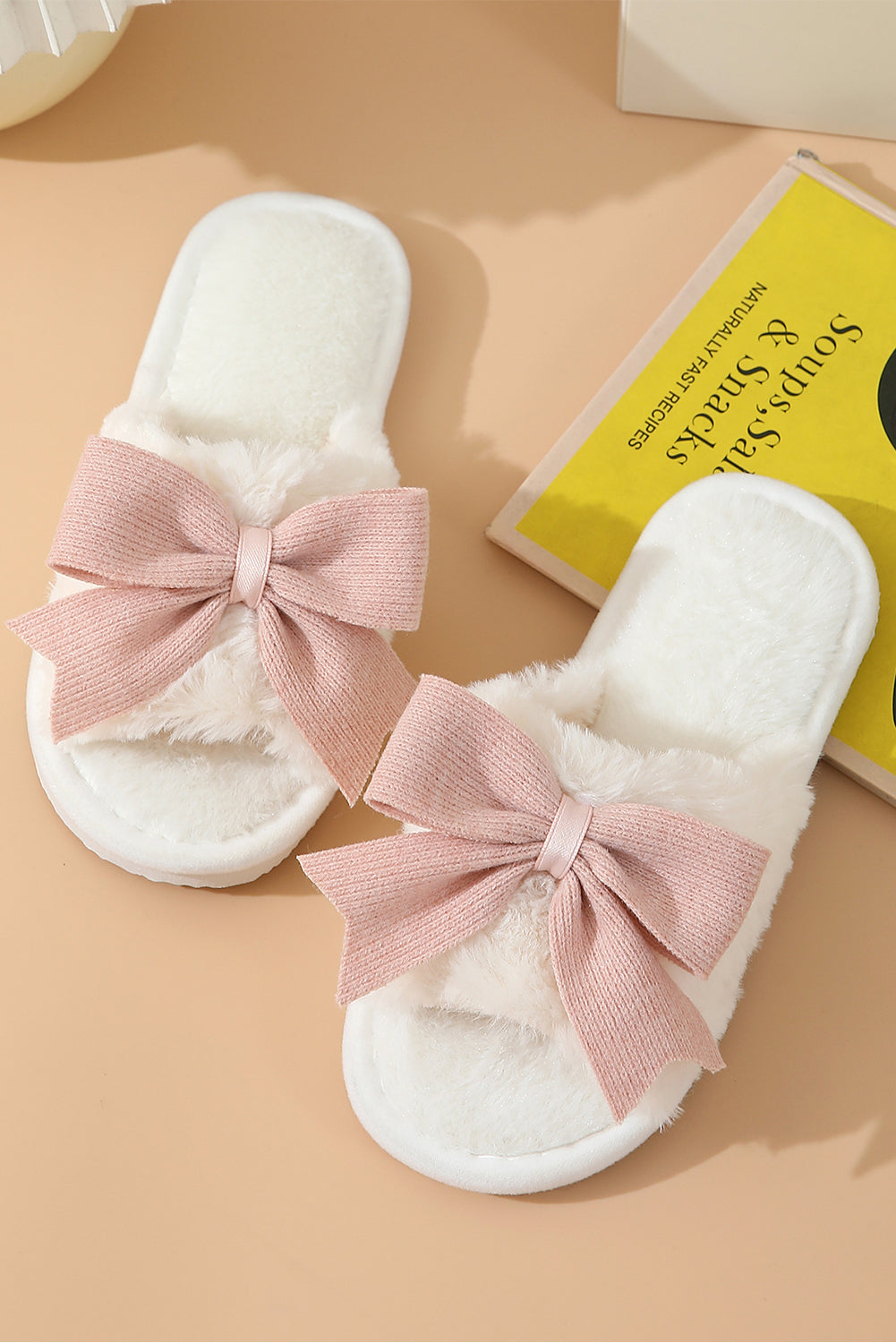 White Bow Knot Decor Open Toe Plush Slippers