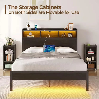 Bed Frame with Bookcase Storage Headboard, Slide Out Bedside Storage, Bed with Charging Station & LED Lights