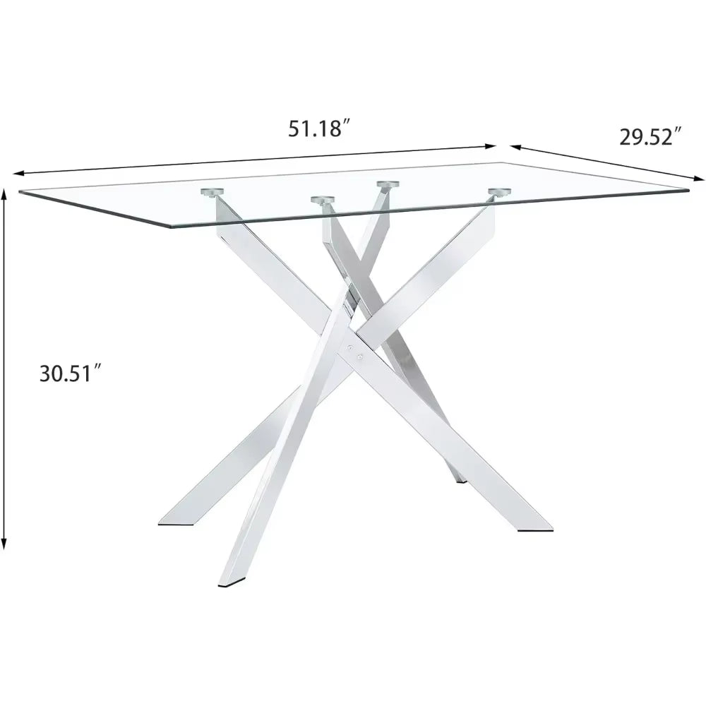 Glass Dining Table Modern Kitchen Glass Top Tables for 4 with Chrome Plated Metal Legs,51"Rectangular Dining Table Kitchen Table