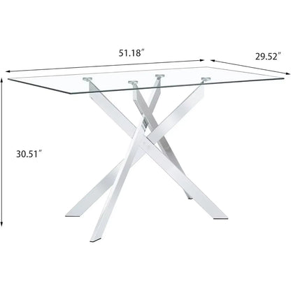 Glass Dining Table Modern Kitchen Glass Top Tables for 4 with Chrome Plated Metal Legs,51"Rectangular Dining Table Kitchen Table