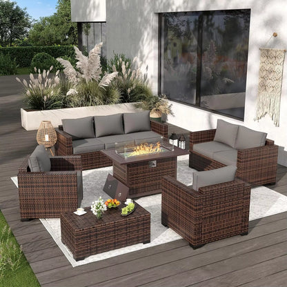 Garden Furniture 8 Pieces Set with 40" Fire Pit Outdoor Sofa Sets, Wicker Furniture Set with Coffee Table, Garden Furniture Sets