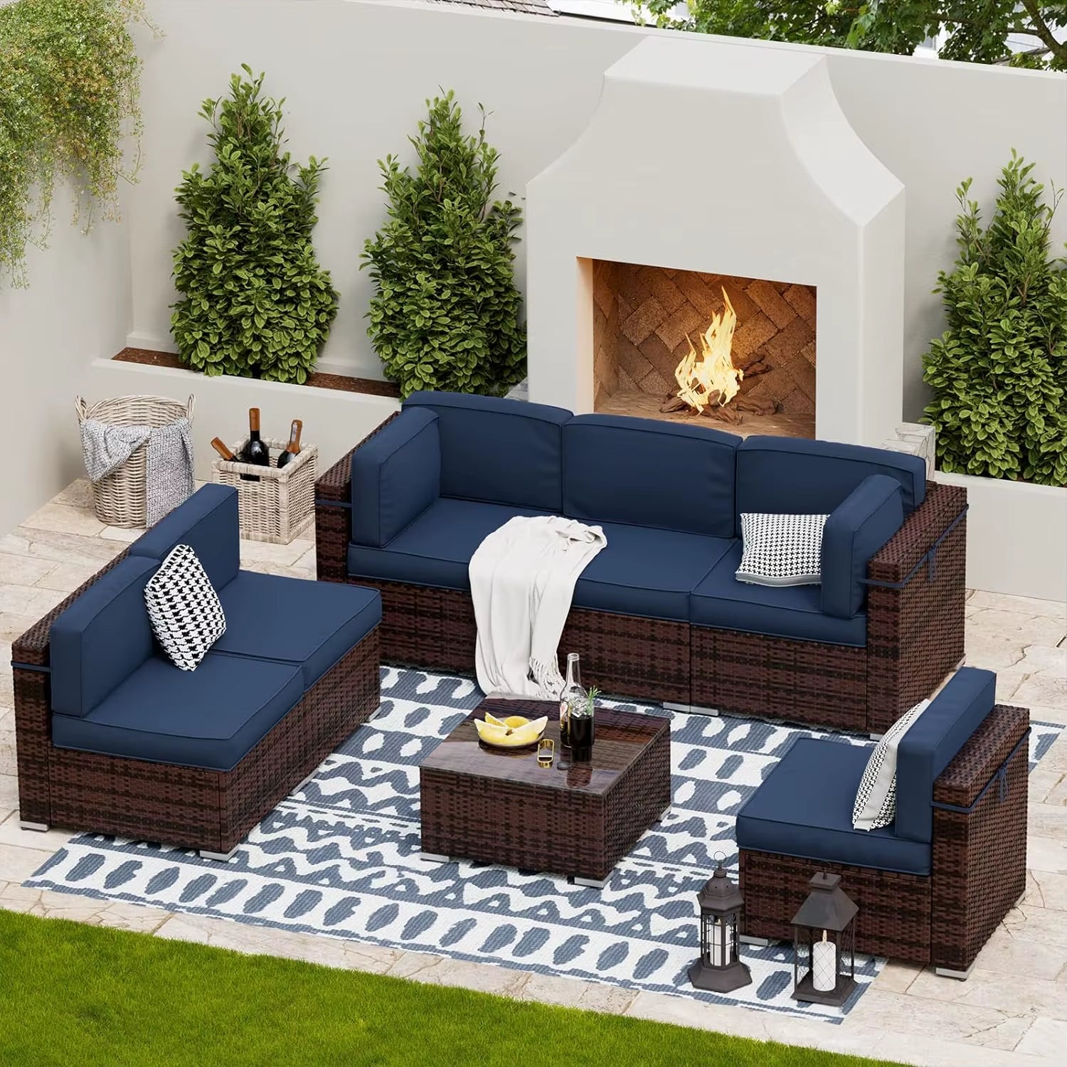 Patio Furniture Sets, Modular Rattan Outdoor Patio Sectional Furniture Sofa Set, Wicker W/Coffee Table, 7PC (Include Sofa Cover)