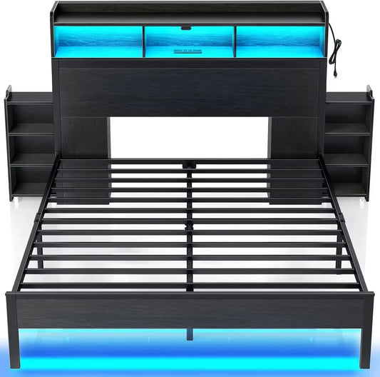 Bed Frame with Bookcase Storage Headboard, Slide Out Bedside Storage, Bed with Charging Station & LED Lights