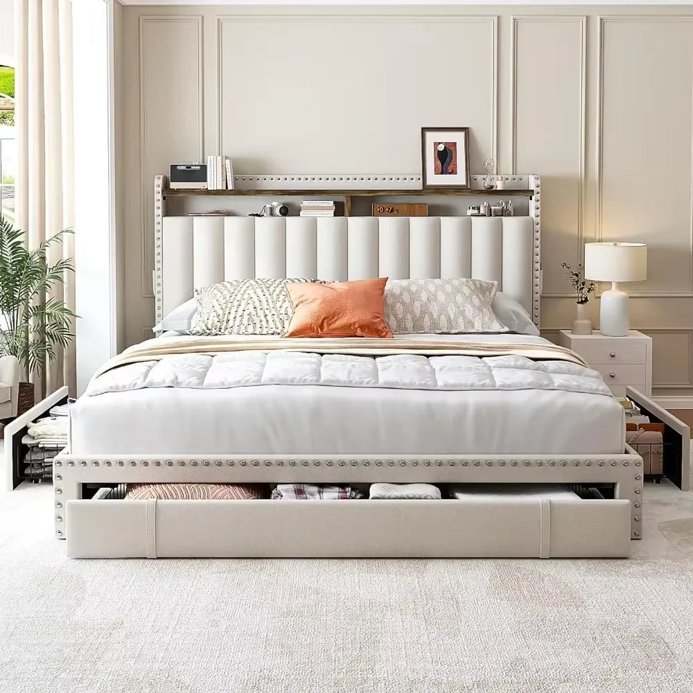 Queen Size Upholstered Bed Frame, Queen Bed Frame with 3 Drawers, Queen Size Bed Frame with Headboard