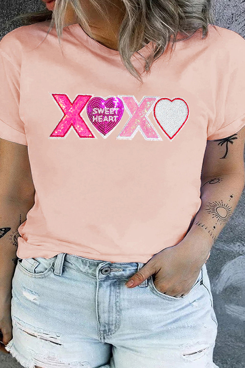 Women's White Plus Size XOXO Heart Sequin Valentines Graphic T Shirt