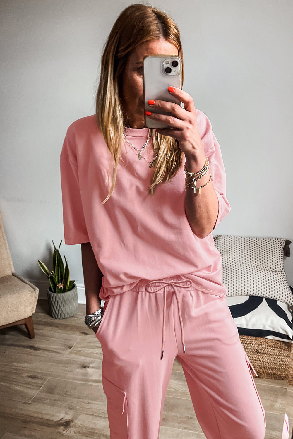 Women's Apricot Pink Half Sleeve T-Shirt & Cargo Sweatpants Set