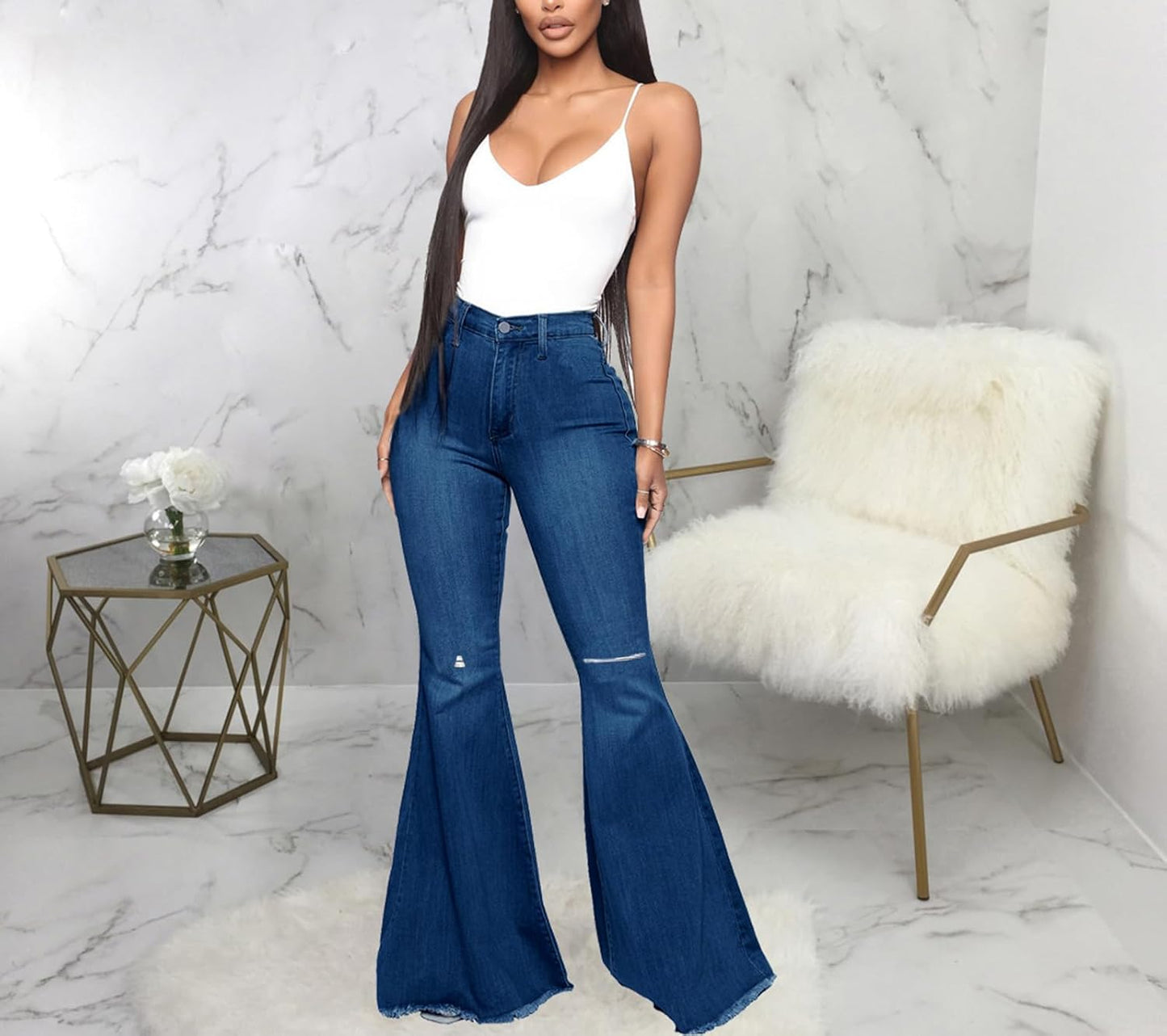 Bell Bottom Jeans for Women Vintage High Waisted Ripped Hole Raw Hem Denim Flare Jeans Pants