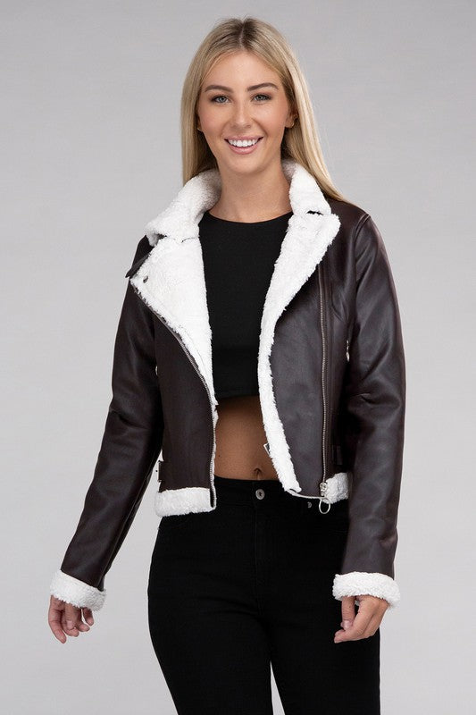 Women's Plush Teddy Trimmed PU Jacket - Perfect Stylish Winter Jacket