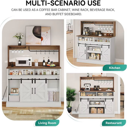 47" Farmhouse Buffet Cabinets with Sliding Barn Door, Coffee Bar with Goblet Holder & Power Outlet, Sideboard Buffet Cabinets