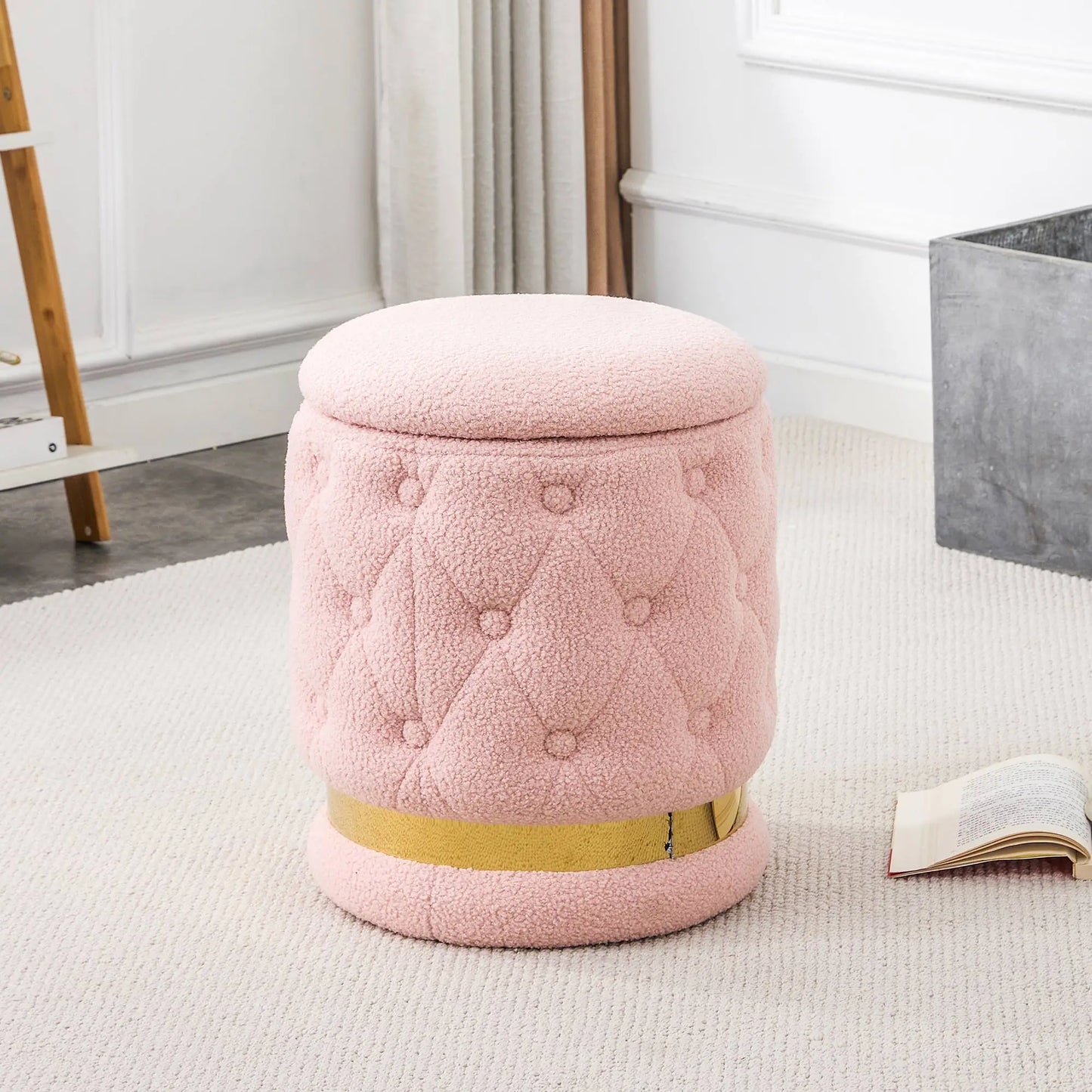 White/Pink Round-Shape Chair Teddy Velvet Makeup Stool Footstool with Storage Space Applicable to Living Room Bedroom Dresser