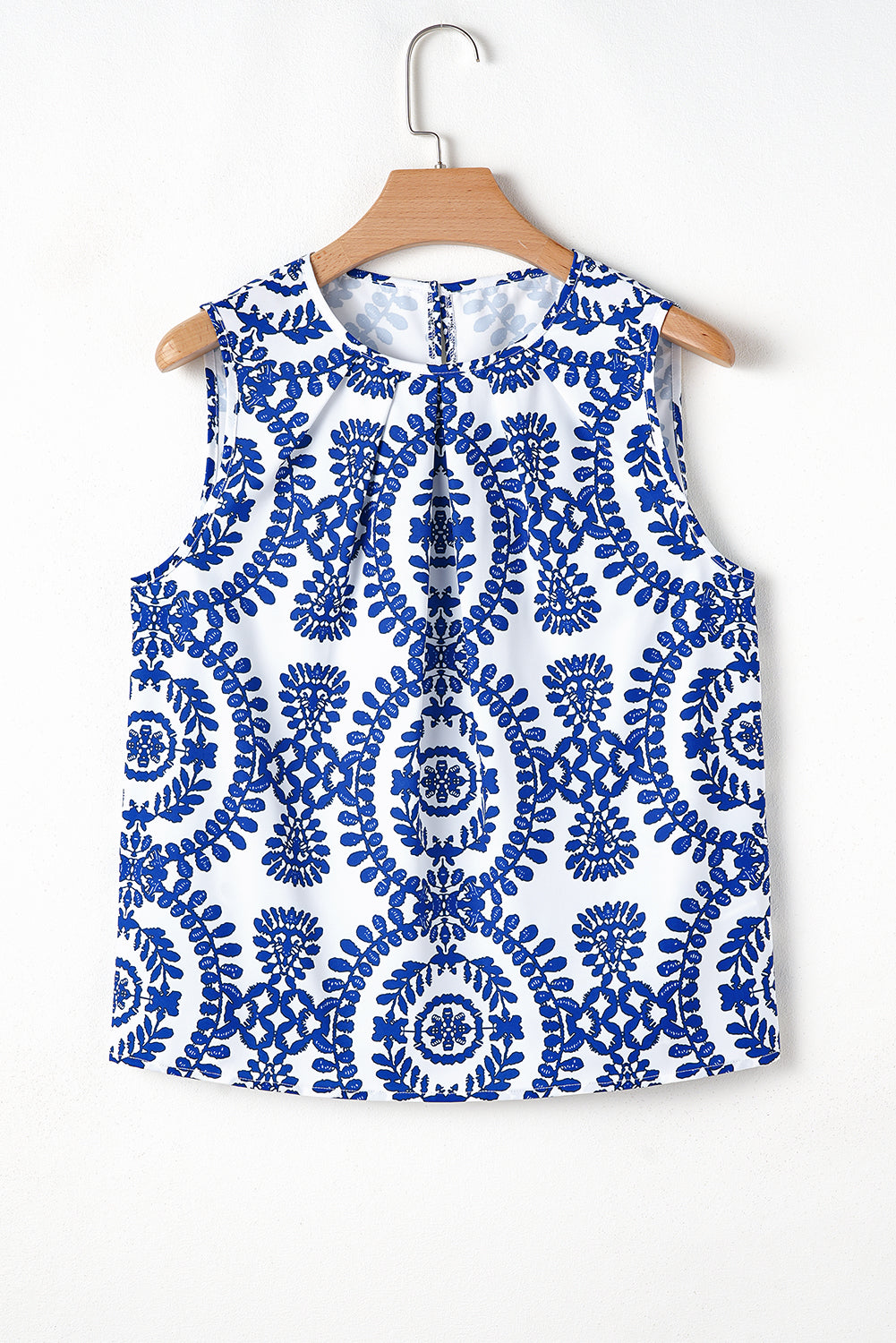 Women's Blue Boho Geometric Print Pleated Sleeveless Top