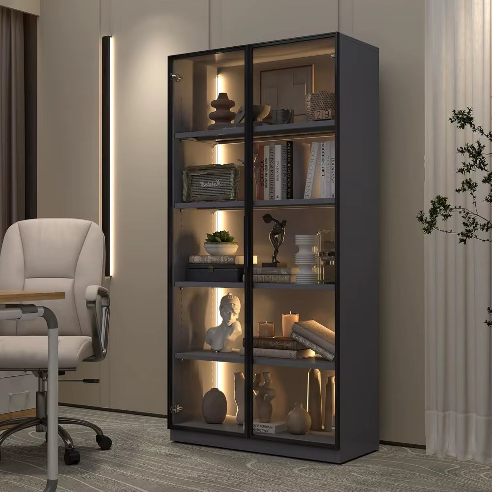 Display Cabinet with Glass Doors,Metal Storage Cabinet with Glass Doors and Led,Dark Grey Glass Storage Cabinet for Collectibles