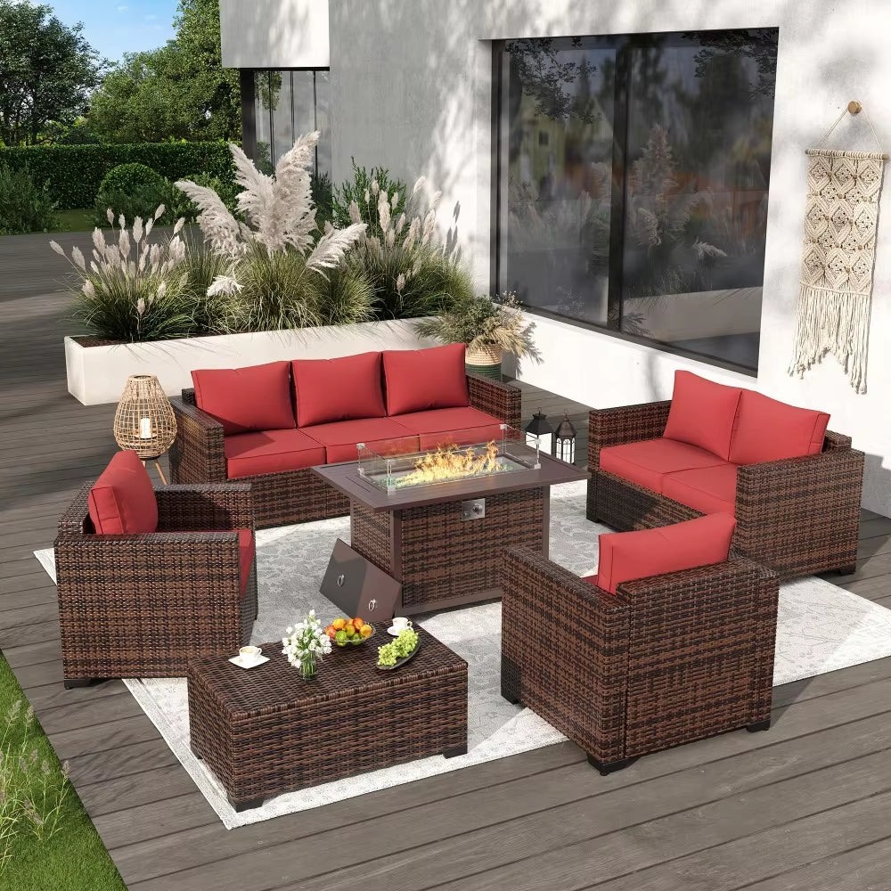 Garden Furniture 8 Pieces Set with 40" Fire Pit Outdoor Sofa Sets, Wicker Furniture Set with Coffee Table, Garden Furniture Sets