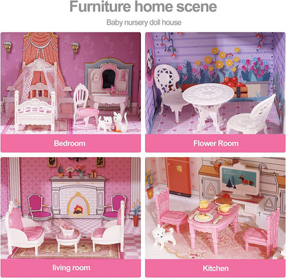 Wooden Dollhouse  Furniture Dreamhouse Girls Mansion Gift 3 Levels