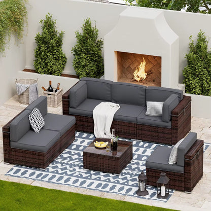 Patio Furniture Sets, Modular Rattan Outdoor Patio Sectional Furniture Sofa Set, Wicker W/Coffee Table, 7PC (Include Sofa Cover)