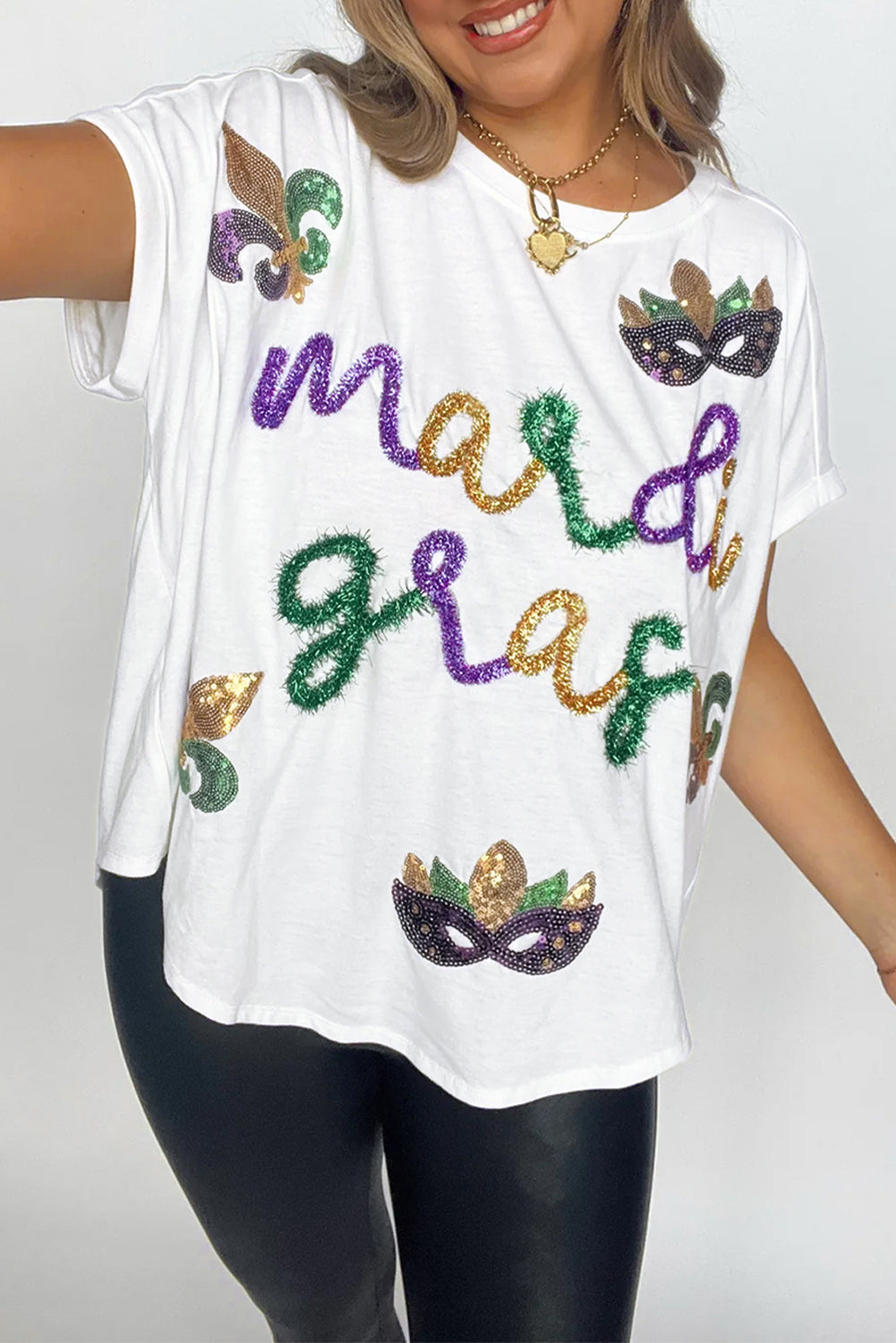 Women's White Tinsel Mardi Gras Sequin Graphic T Shirt