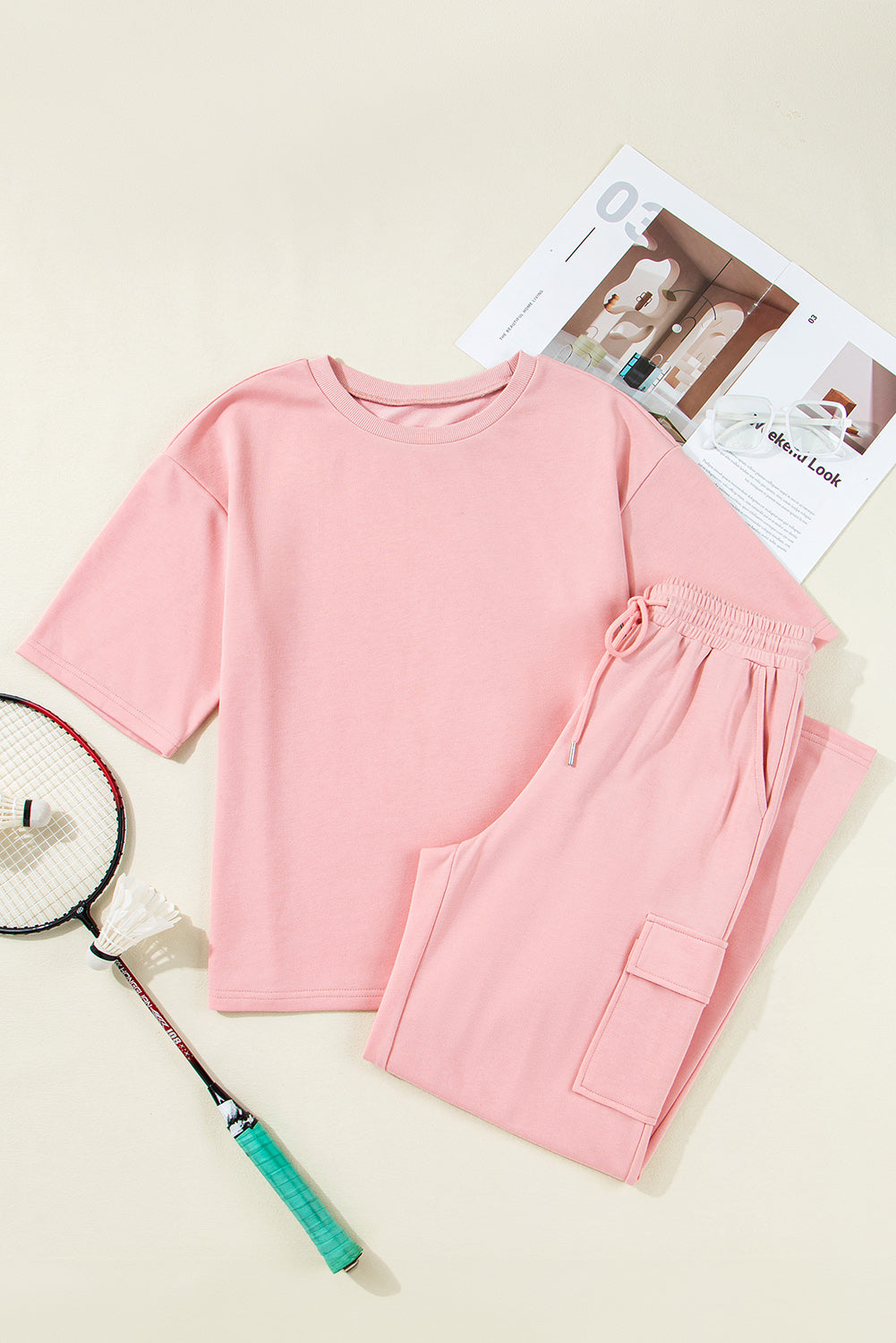 Women's Apricot Pink Half Sleeve T-Shirt & Cargo Sweatpants Set