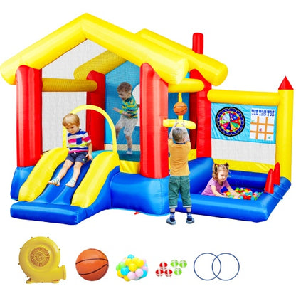 Bounce House 8-in-1 Inflatable Bounce House With Blower Basketball Stand Ocean Ball Throwing Ring Game Target And Sticky Ball Game For Kids