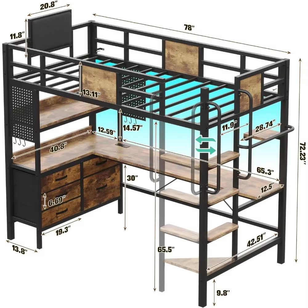 Loft Bed Twin Size with L Shaped Desk and Storage, Metal Bunk Bed with Desk underneath and LED Lights and Charging Station78"L