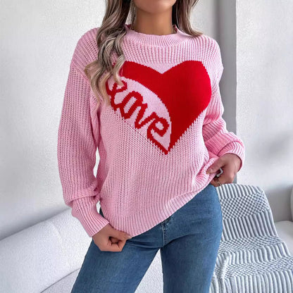 Fashion Favorite: Love Print Pullover Sweater Autumn And Winter Loose Long-sleeved Knitted Tops For Women Valentine's Day Clothing