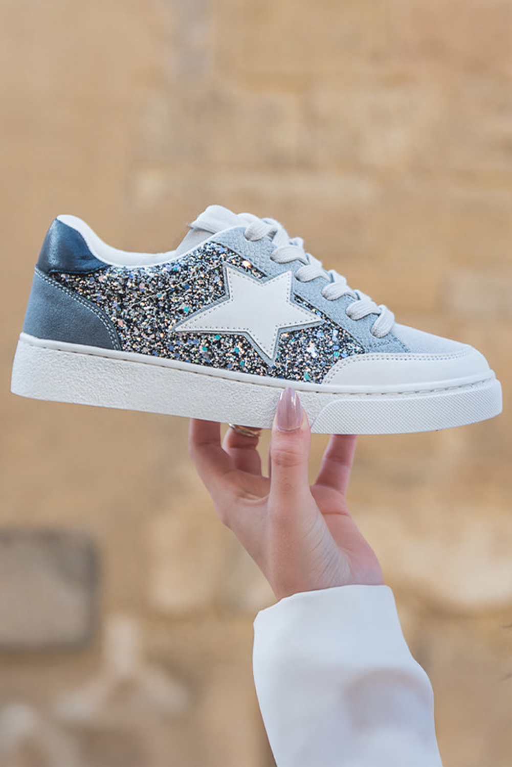 Women's Silver Sequin Star Patch Lace Up Shoes